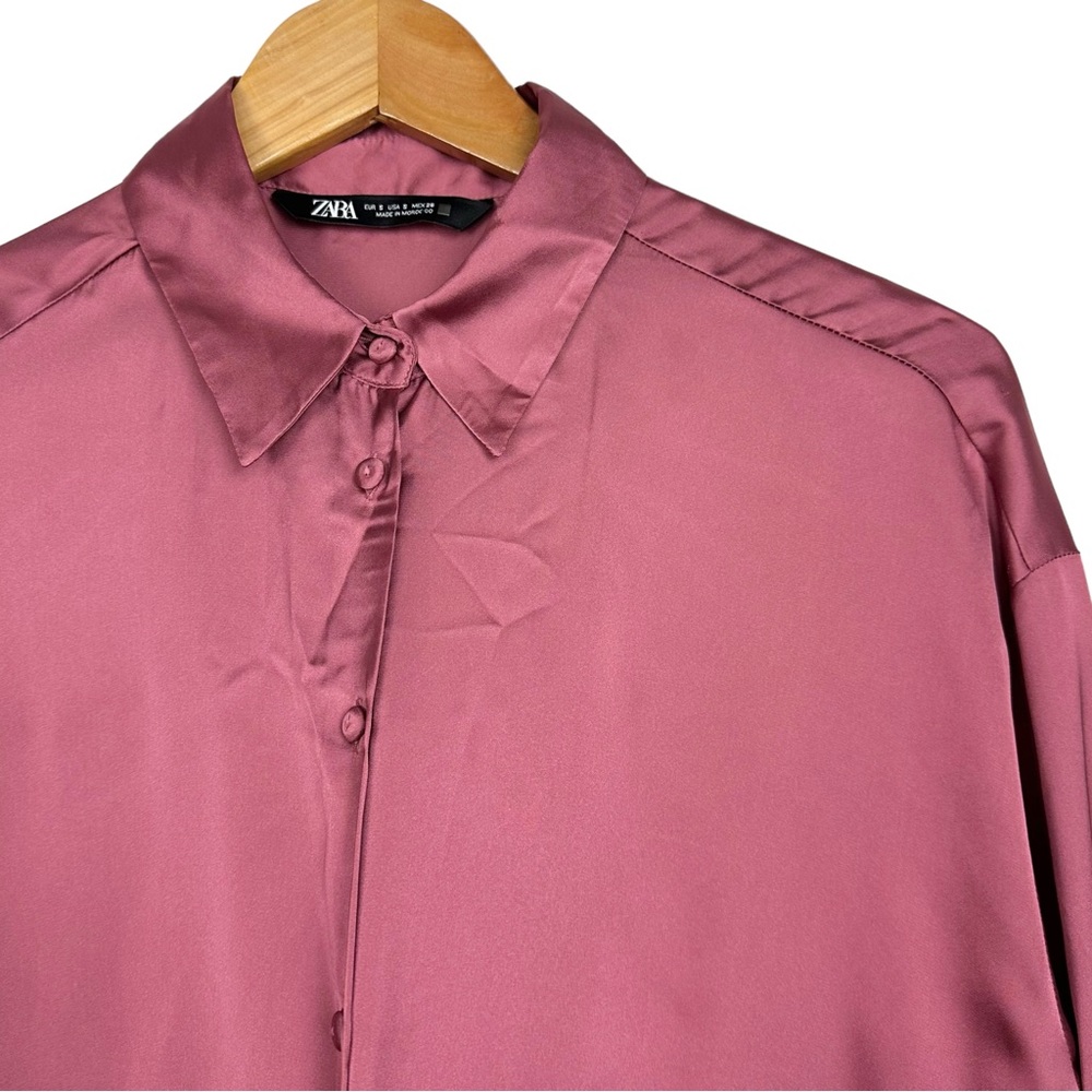 ZARA Satin Effect Oversized Loose Collared Button Down Dolman Sleeve Blouse Pink - Picture 7 of 14